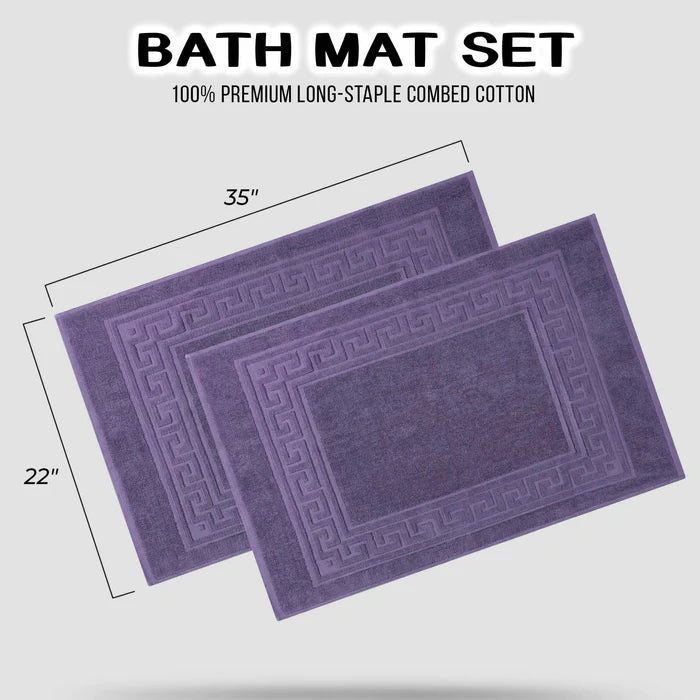 Cotton 2 Piece Greek Key Border Super Absorbent Bath Mat Set - Royal Purple