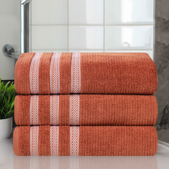 Zero Twist Cotton Ribbed Geometric Border Plush Bath Towel Set of 3