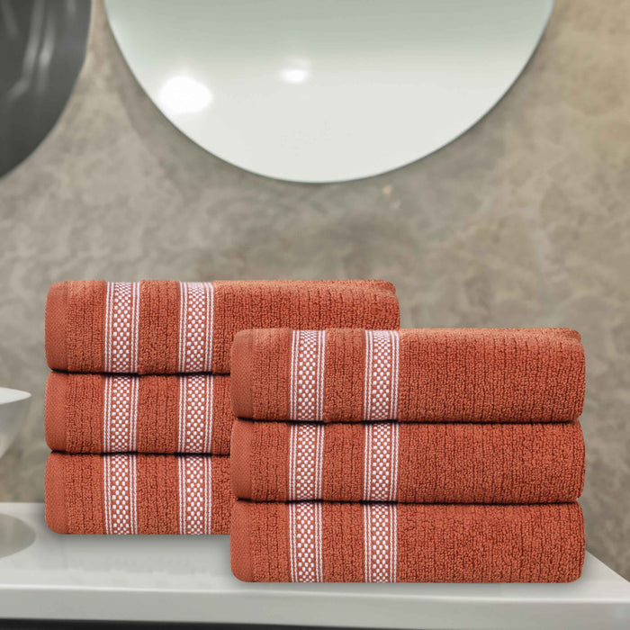 Zero Twist Cotton Ribbed Geometric Border Plush Hand Towel Set of 6