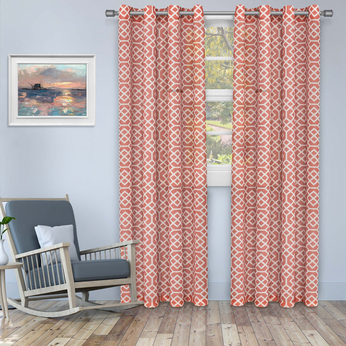 Printed Honey Comb Sheer Curtain Panel Set with Grommet Top Header - Rust