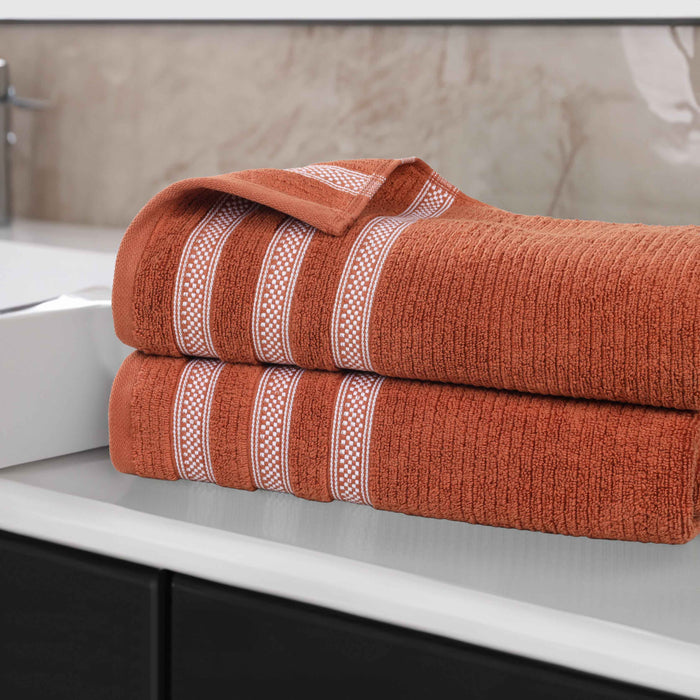 Zero Twist Cotton Ribbed Geometric Border Plush Bath Sheet Set of 2