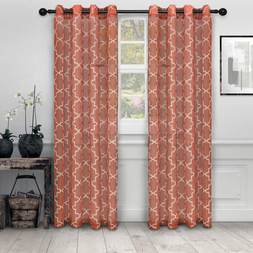 Embroidered Quatrefoil Sheer Grommet Curtain Set - Rust