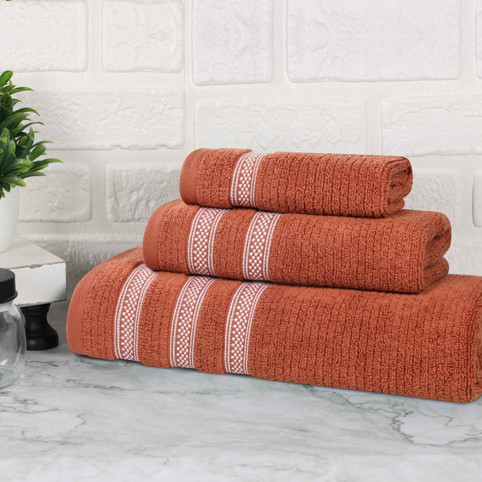 Zero Twist Cotton Ribbed Geometric Border Plush 3 Piece Towel Set