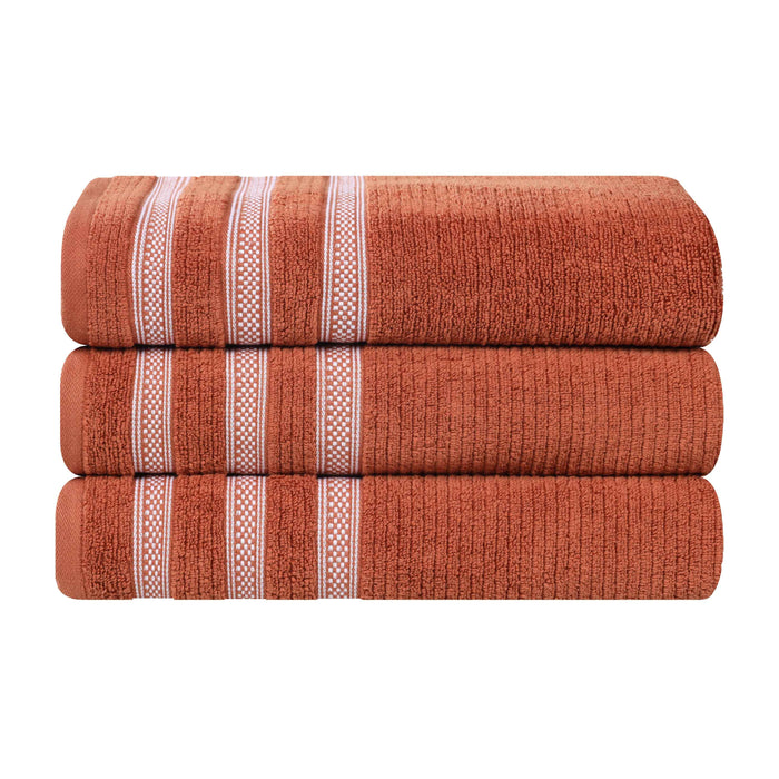 Zero Twist Cotton Ribbed Geometric Border Plush Bath Towel Set of 3