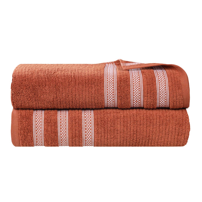 Zero Twist Cotton Ribbed Geometric Border Plush Bath Sheet Set of 2