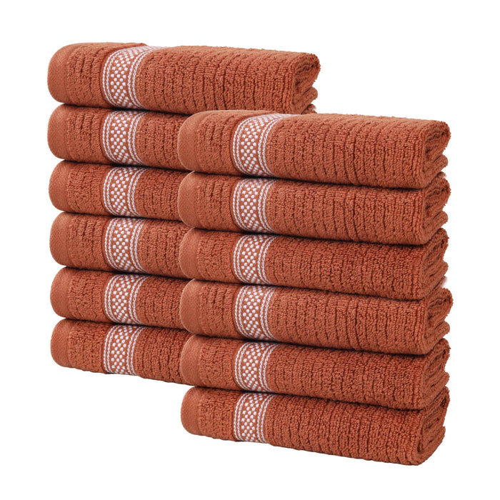 Zero Twist Cotton Ribbed Geometric Border Plush Face Towel Set of 12