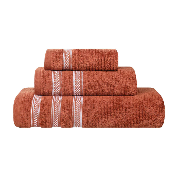 Zero Twist Cotton Ribbed Geometric Border Plush 3 Piece Towel Set