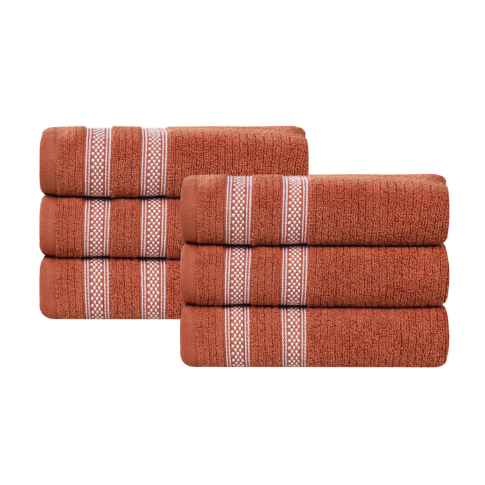 Zero Twist Cotton Ribbed Geometric Border Plush Hand Towel Set of 6