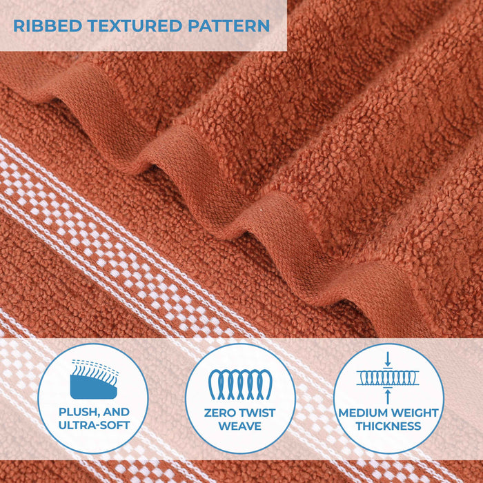 Zero Twist Cotton Ribbed Geometric Border Plush Bath Towel Set of 3