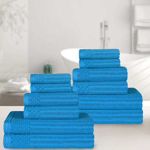 Ribbed Textured Cotton Medium Weight 12 Piece Towel Set - Azure