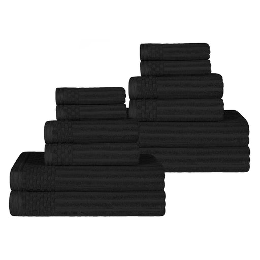 Ribbed Textured Cotton Medium Weight 12 Piece Towel Set - Black