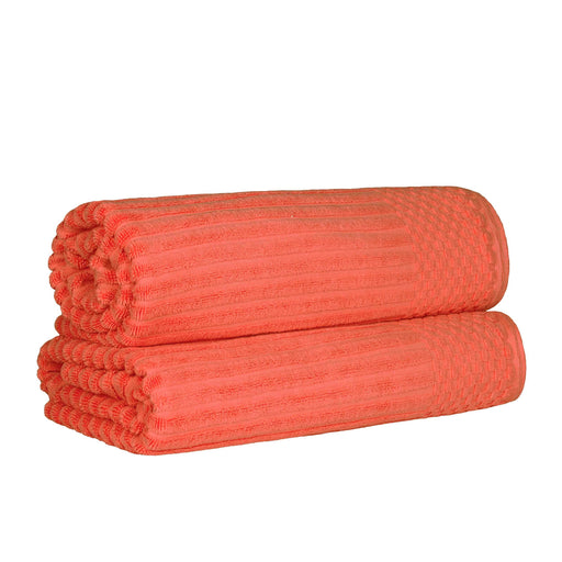 Cotton Ribbed Textured Super Absorbent 2 Piece Bath Sheet Towel Set - Coral