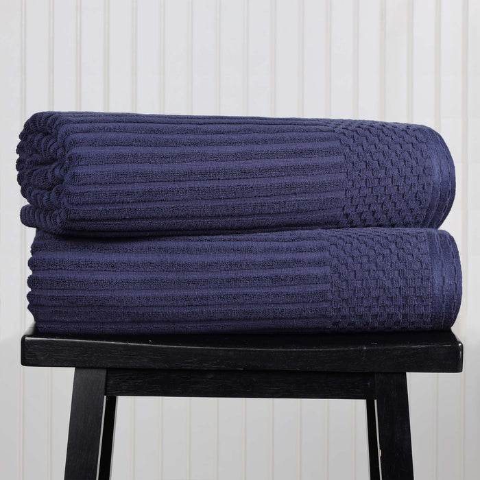 Cotton Ribbed Textured Super Absorbent 2 Piece Bath Sheet Towel Set - Navy Blue