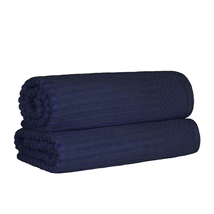 Cotton Ribbed Textured Super Absorbent 2 Piece Bath Sheet Towel Set - Navy Blue