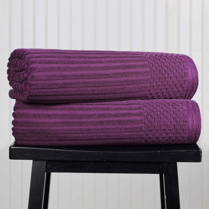Cotton Ribbed Textured Super Absorbent 2 Piece Bath Sheet Towel Set - Plum