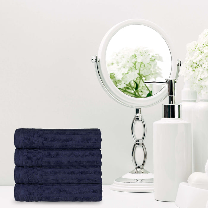Cotton Ribbed Textured Highly Absorbent 4 Piece Hand Towel Set - Navy Blue