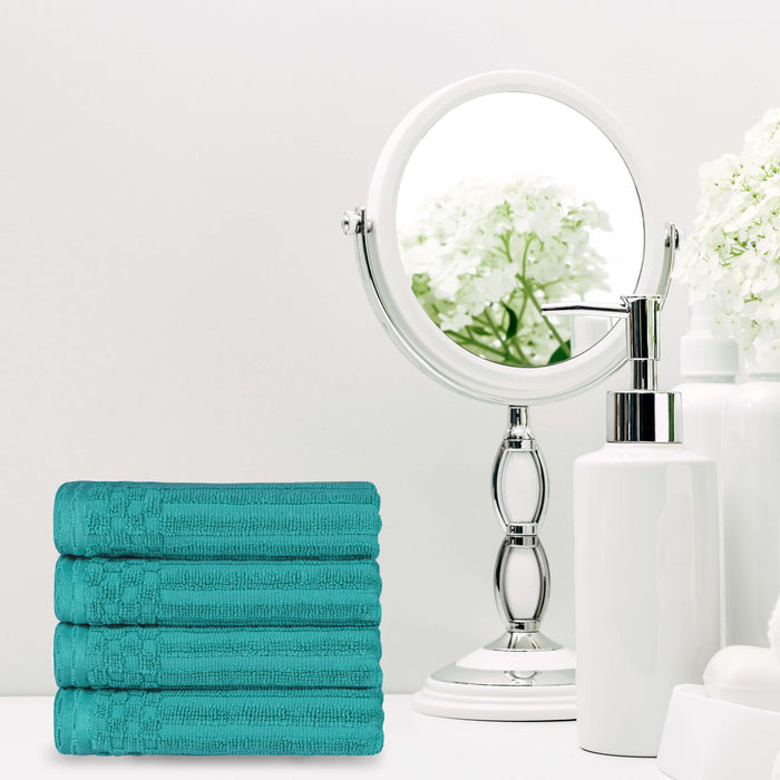 Cotton Ribbed Textured Highly Absorbent 4 Piece Hand Towel Set - Turquoise