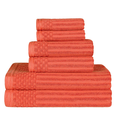 Cotton Ribbed Textured Medium Weight 6 Piece Towel Set - Coral