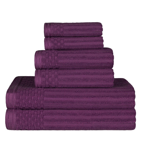 Cotton Ribbed Textured Medium Weight 6 Piece Towel Set - Plum