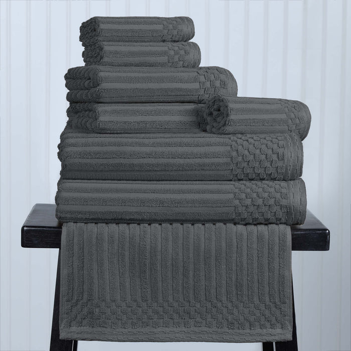 Cotton Ribbed Textured Medium Weight 8-Piece Towel Set - Charcoal