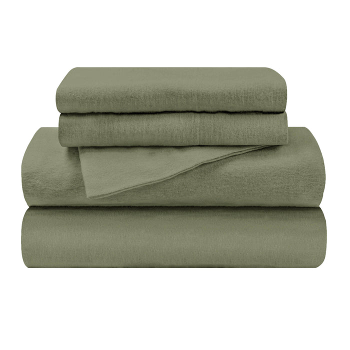 Flannel Cotton Modern Solid Deep Pocket Bed Sheet Set - Sage