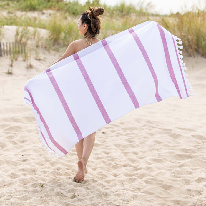 Tropical Cabana Stripe Fouta 2 Piece Beach Towel with Tassels - Sangaria