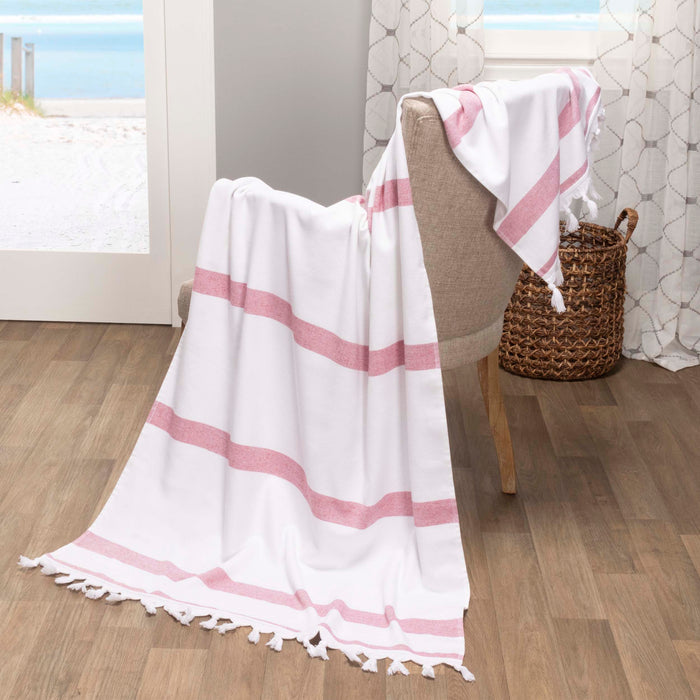 Tropical Cabana Stripe Fouta 2 Piece Beach Towel with Tassels - Sangaria