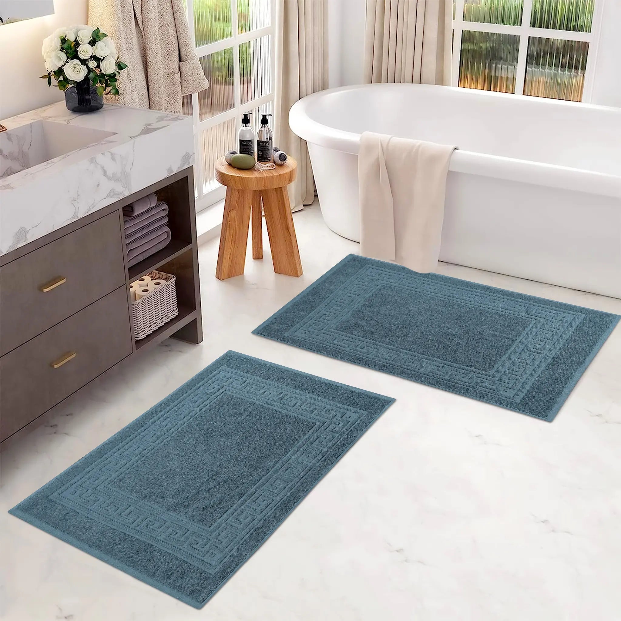 Cotton 2 Piece Greek Key Border Super Absorbent Bath Mat Set - Blue Nile Mills