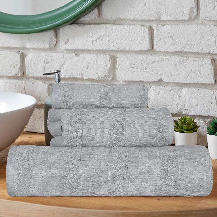 Ribbed Turkish Cotton Quick-Dry Solid 3 Piece Assorted Towel Set - Silver