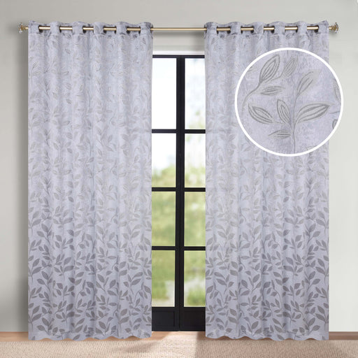 Leaves Grommet Room Darkening Blackout Curtains, Set of 2 - Silver