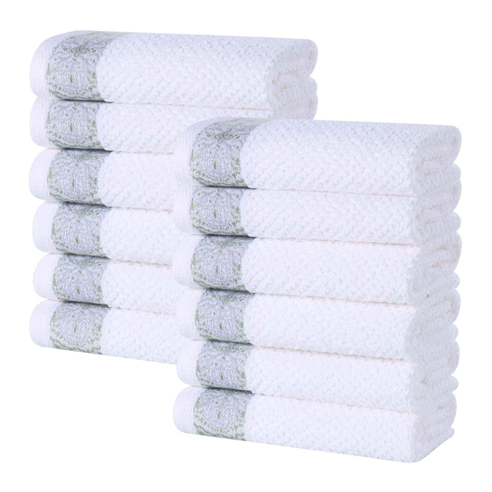 Medallion Cotton Jacquard Textured Face Towels/ Washcloths, Set of 12 - Silver