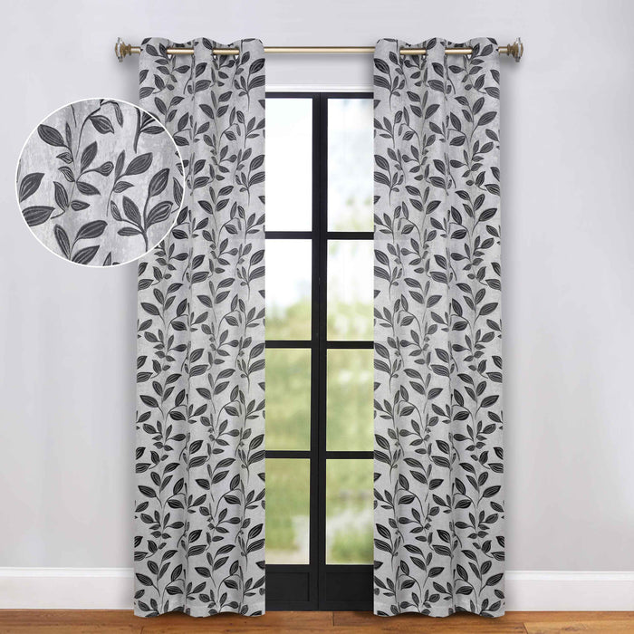 Leaves Grommet Room Darkening Blackout Curtains, Set of 2 - Silver-Black