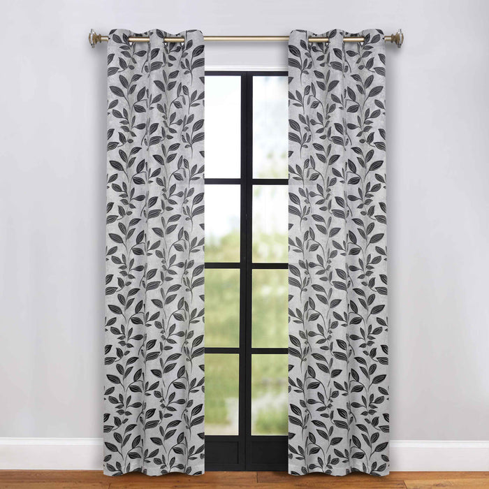 Leaves Grommet Room Darkening Blackout Curtains, Set of 2 - Silver-Black