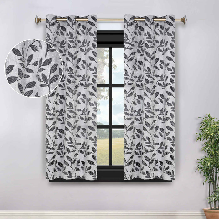 Leaves Grommet Room Darkening Blackout Curtains, Set of 2 - Silver-Black