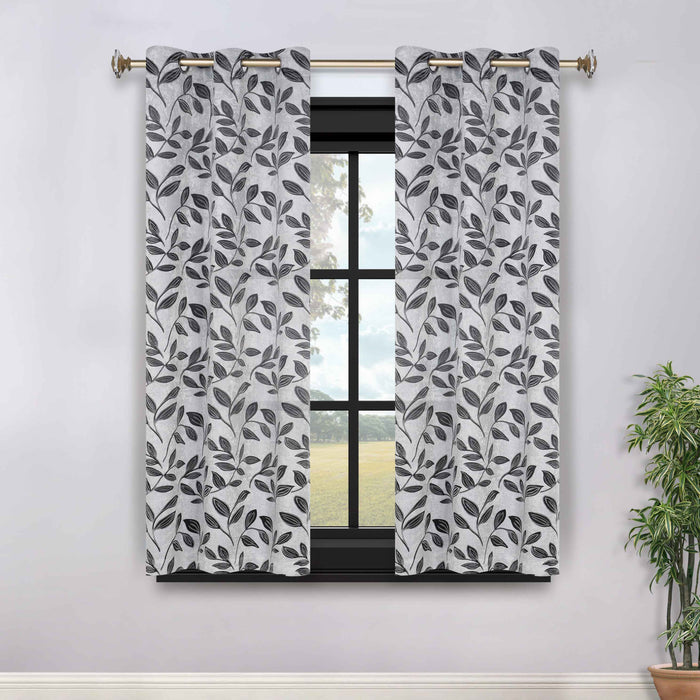 Leaves Grommet Room Darkening Blackout Curtains, Set of 2 - Silver-Black