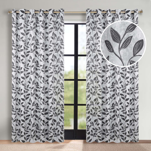 Leaves Grommet Room Darkening Blackout Curtains, Set of 2 - Silver-Black