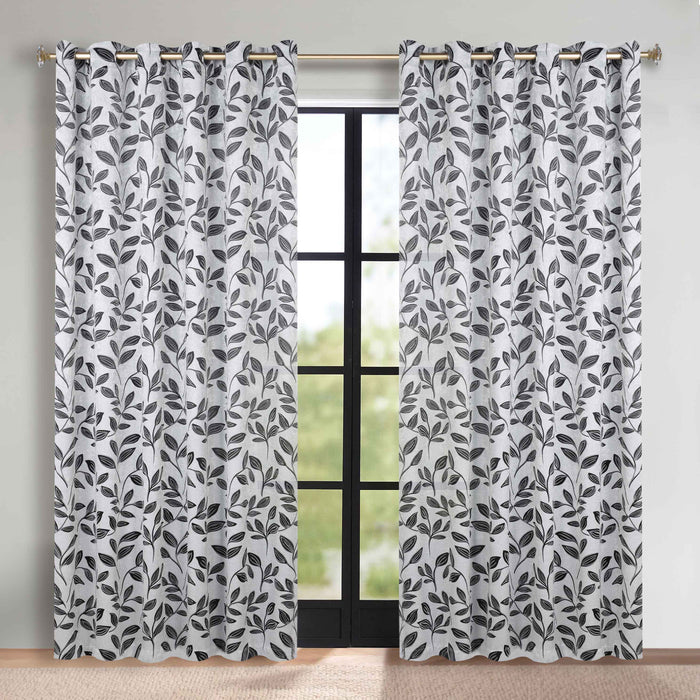 Leaves Grommet Room Darkening Blackout Curtains, Set of 2 - Silver-Black