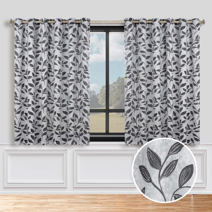 Leaves Grommet Room Darkening Blackout Curtains, Set of 2 - Silver-Black