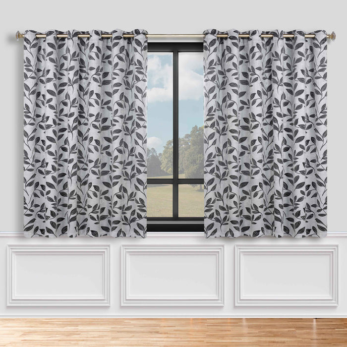 Leaves Grommet Room Darkening Blackout Curtains, Set of 2 - Silver-Black