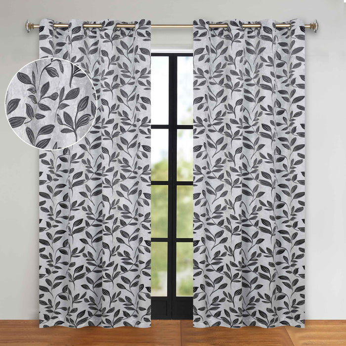 Leaves Grommet Room Darkening Blackout Curtains, Set of 2 - Silver-Black