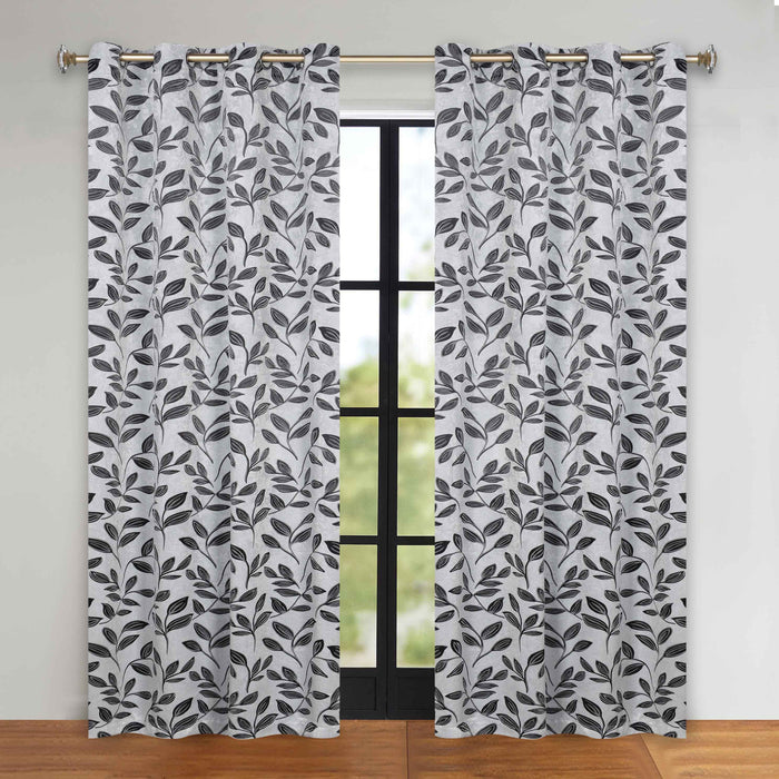 Leaves Grommet Room Darkening Blackout Curtains, Set of 2 - Silver-Black