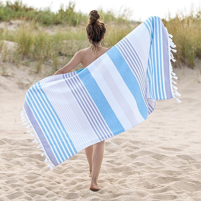 Meera Stripe Fouta 2 Piece Beach Towel Set with Tassels - SkyBlue