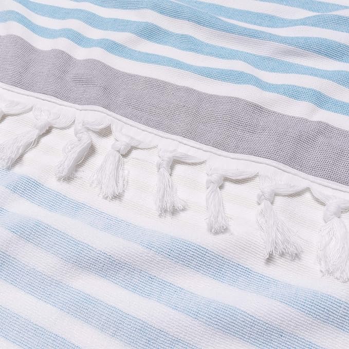 Meera Stripe Fouta 2 Piece Beach Towel Set with Tassels - SkyBlue