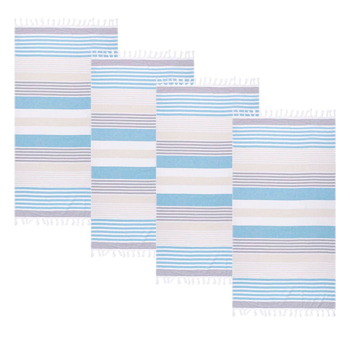 Meera Stripe Fouta 4 Piece Beach Towel Set with Tassels - SkyBlue