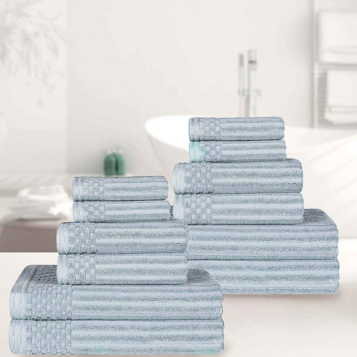 Ribbed Textured Cotton Medium Weight 12 Piece Towel Set - SlateBlue