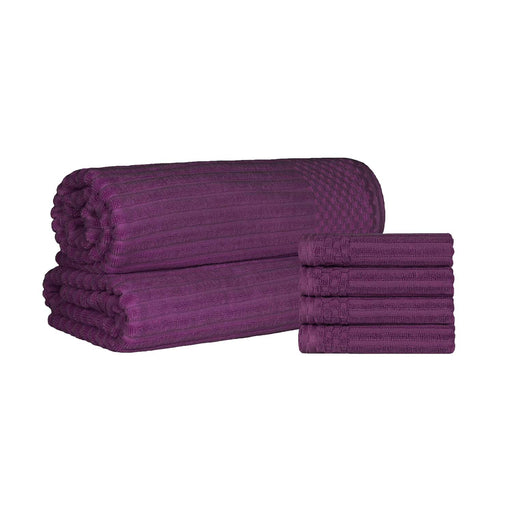 Soho Ribbed Textured Cotton Ultra-Absorbent Hand Towel and Bath Sheet Set - Plum