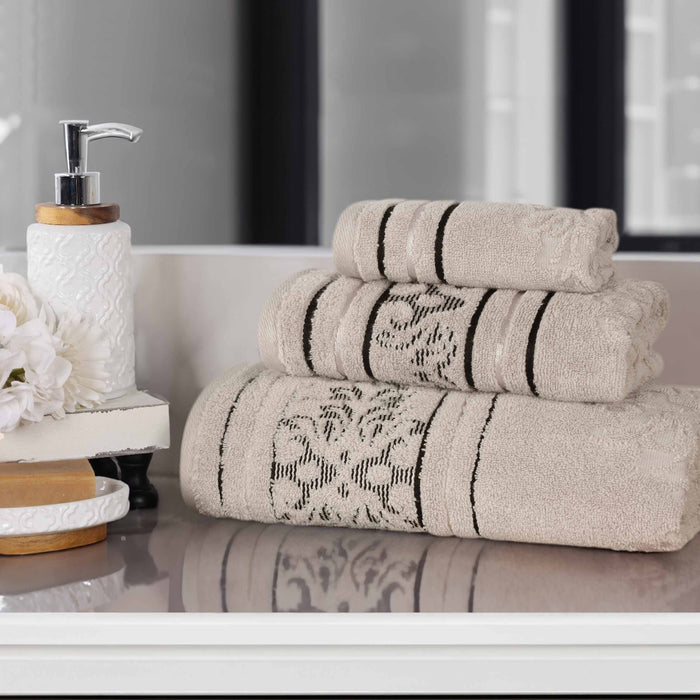 Sadie Zero Twist Cotton Elegant Floral 3 Piece Jacquard Towel Set