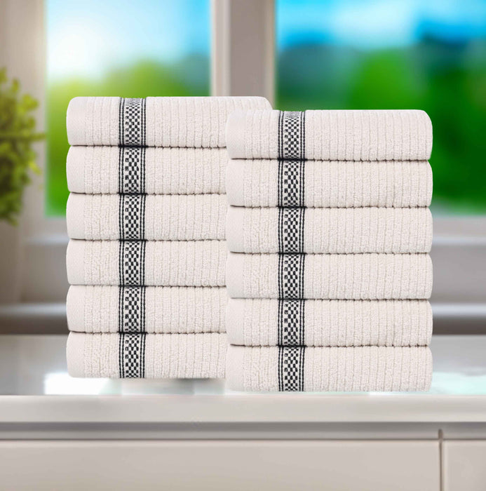 Zero Twist Cotton Ribbed Geometric Border Plush Face Towel Set of 12