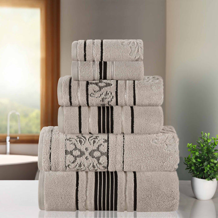 Sadie Zero Twist Cotton Solid Jacquard Floral Motif 6 Piece Towel Set - Stone