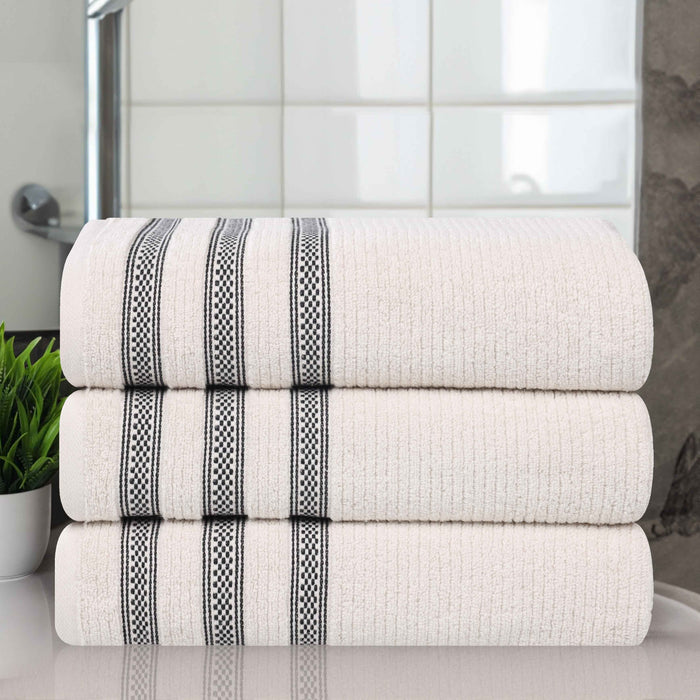 Zero Twist Cotton Ribbed Geometric Border Plush Bath Towel Set of 3